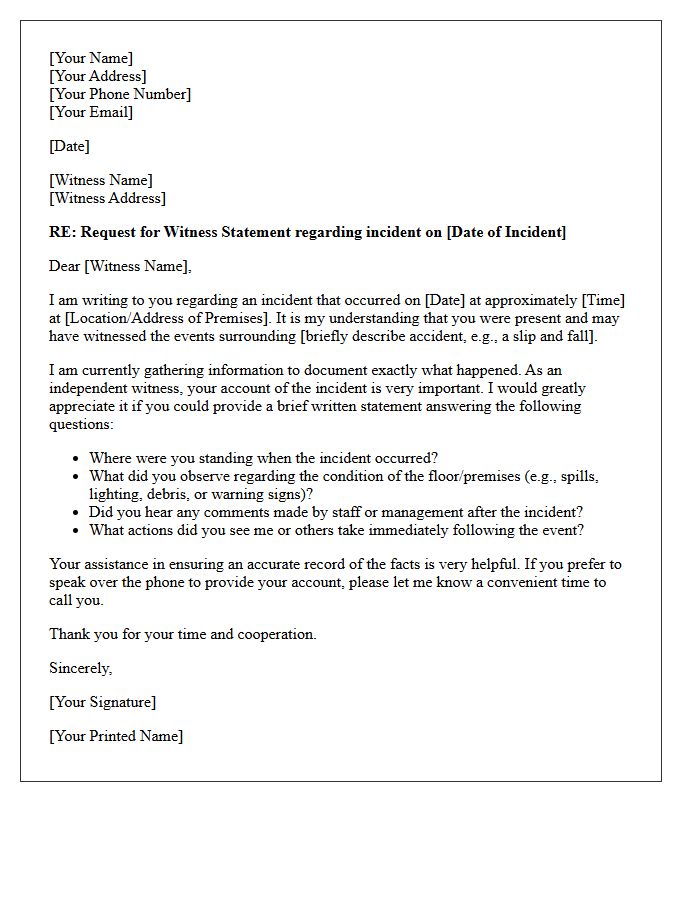 Premises Liability Third-Party Witness Statement Request Letter