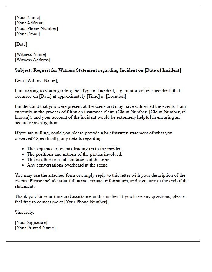 Standard Insurance Claim Third-Party Witness Statement Request Letter