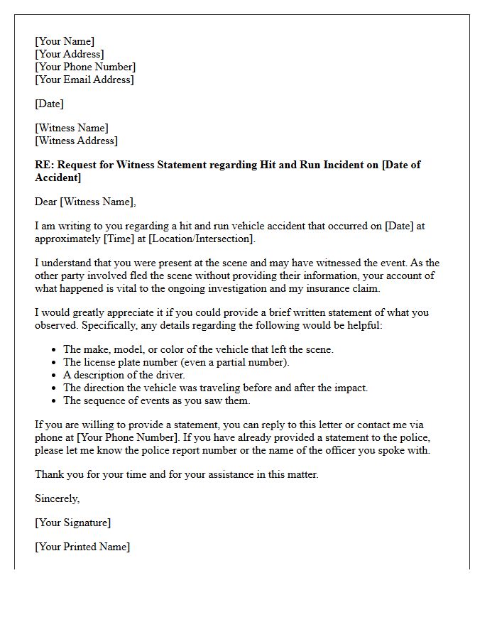 Hit And Run Third-Party Witness Statement Request Letter