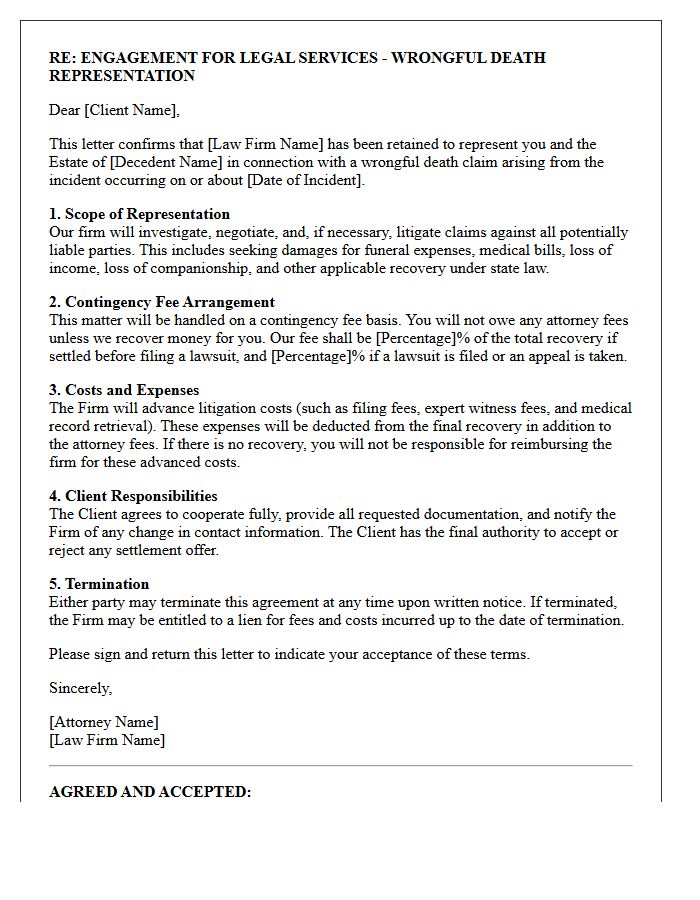 Wrongful Death Lawsuit Engagement Letter