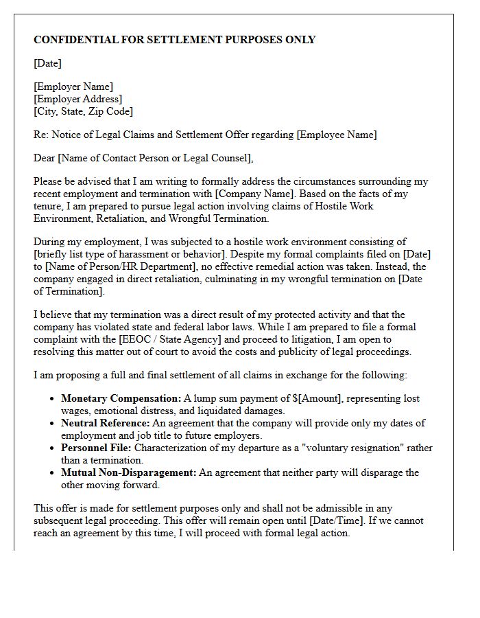 Hostile Environment Retaliation Wrongful Termination Settlement Offer Letter