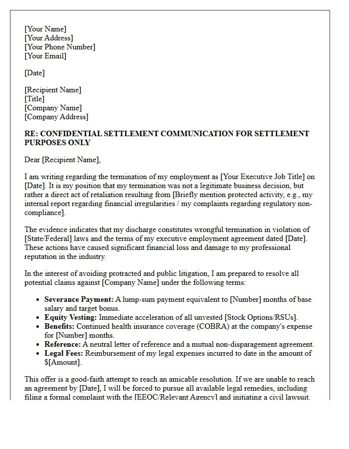 Corporate Executive Wrongful Termination Retaliation Settlement Offer Letter