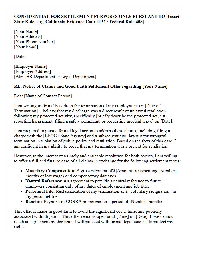 Good Faith Wrongful Termination Retaliation Settlement Offer Letter