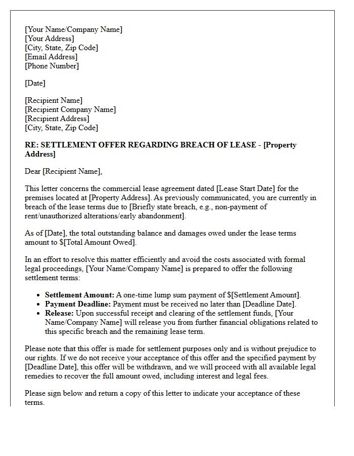 Initial Settlement Offer Letter for Breach of Commercial Lease