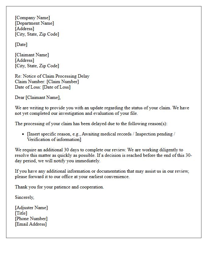 Standard Thirty Day Claim Processing Delay Letter