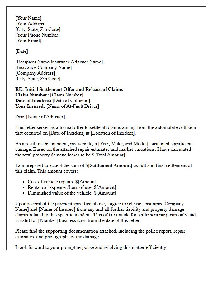 Initial Settlement Offer and Release of Claims Letter for Auto Collision Damage