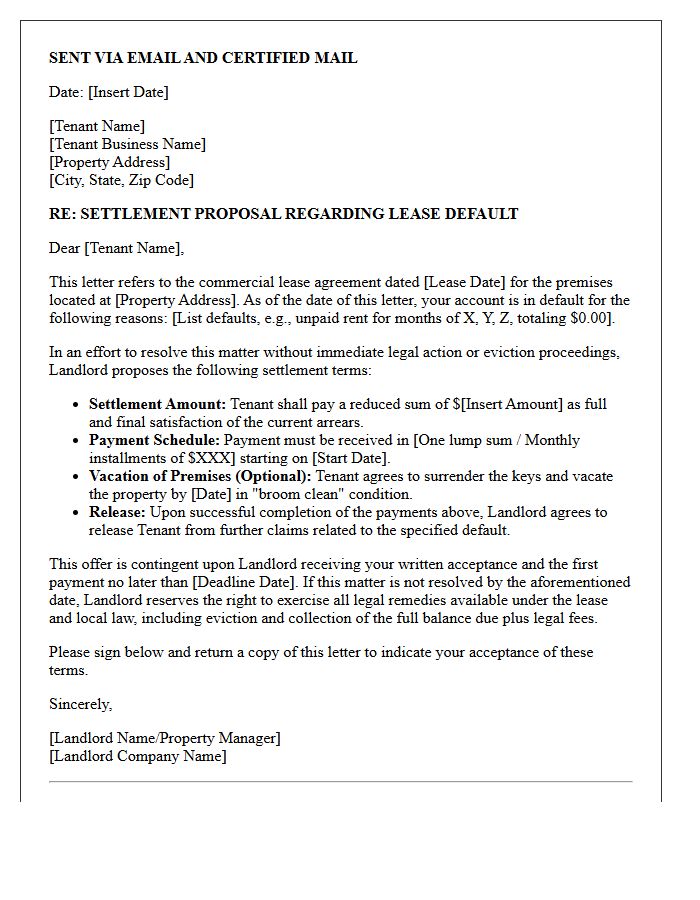 Landlord Proposed Settlement Letter for Commercial Lease Default