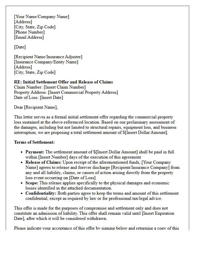 Initial Settlement Offer and Release of Claims Letter for Commercial Property Loss