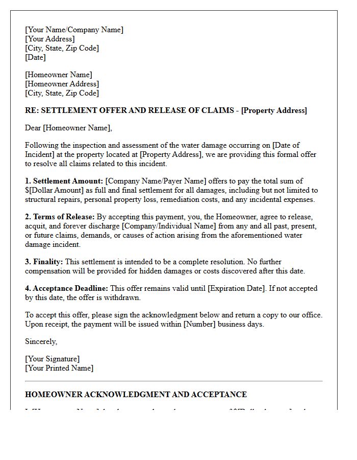 Initial Settlement Offer and Release of Claims Letter for Homeowner Water Damage