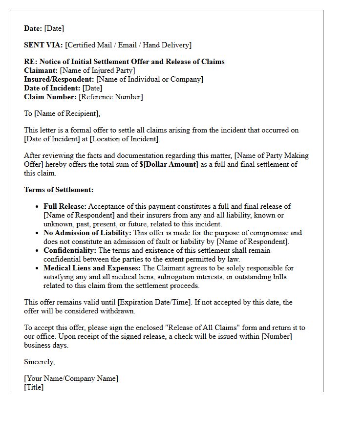 Initial Settlement Offer and Release of Claims Letter for General Liability Claims