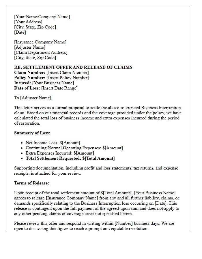 Initial Settlement Offer and Release of Claims Letter for Business Interruption Loss