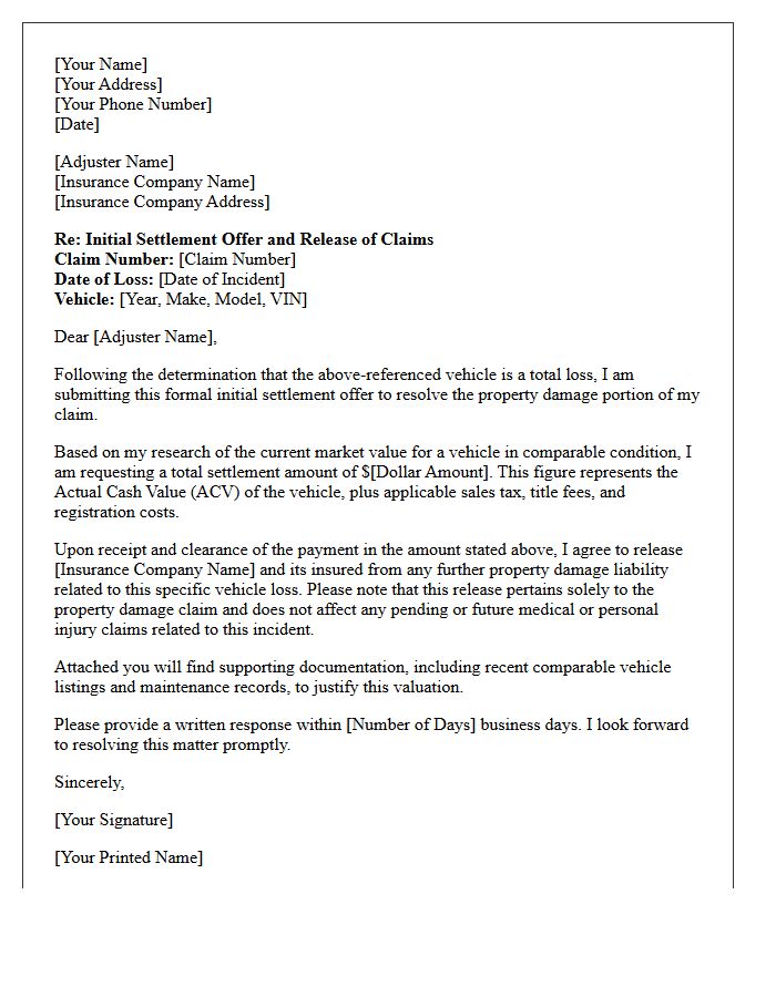 Initial Settlement Offer and Release of Claims Letter for Total Vehicle Loss Valuation