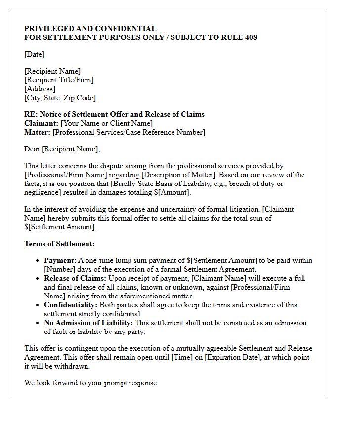 Initial Settlement Offer and Release of Claims Letter for Professional Liability Disputes