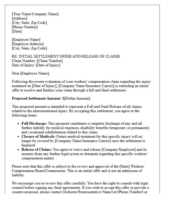 Initial Settlement Offer and Release of Claims Letter for Workers Compensation Finalization