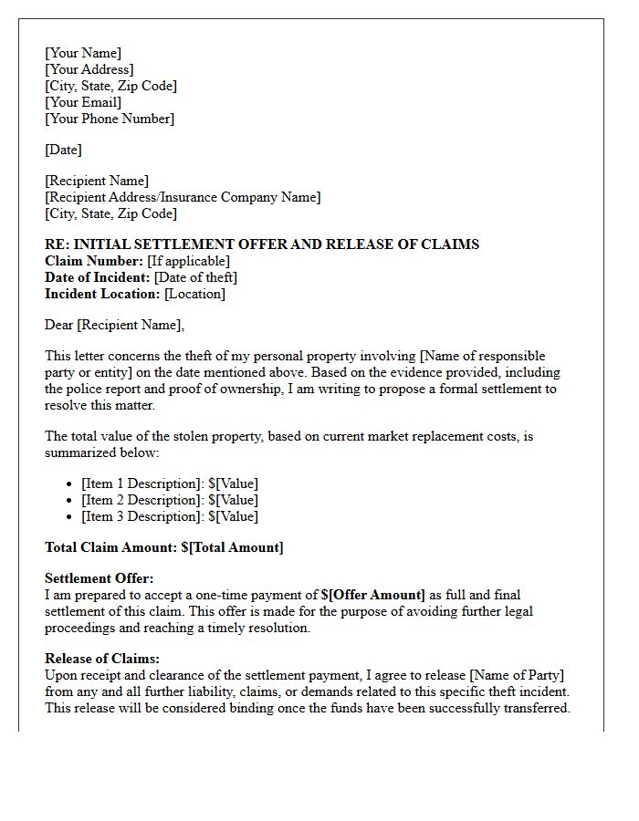 Initial Settlement Offer and Release of Claims Letter for Personal Property Theft