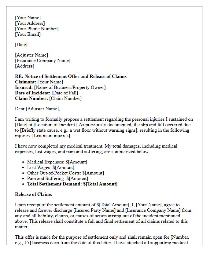 Initial Settlement Offer and Release of Claims Letter for Slip and Fall Injuries