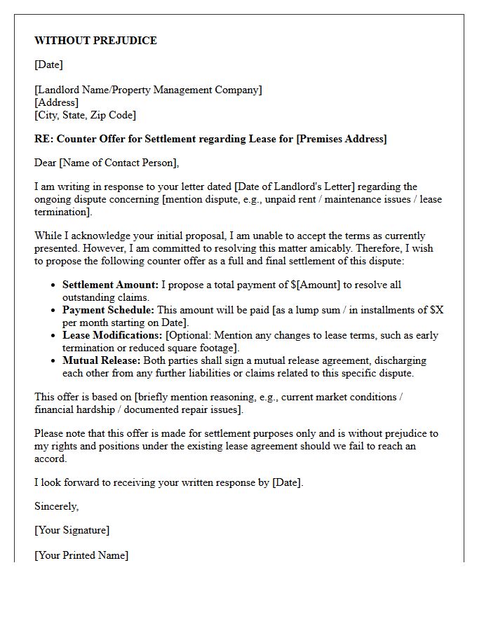 Tenant Counter Offer Settlement Letter for Commercial Lease Dispute