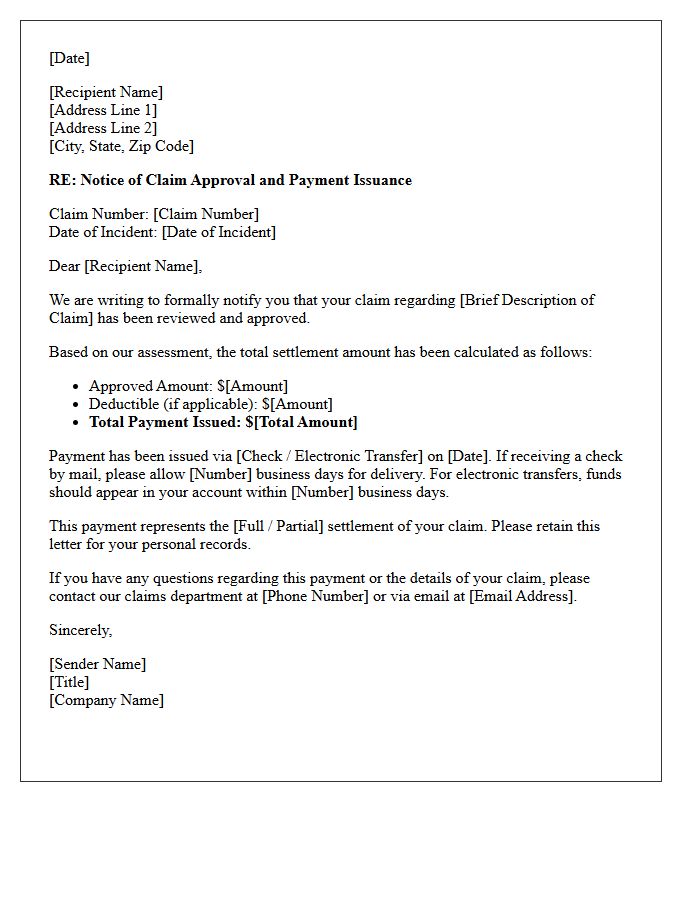 Notice Of Claim Approval And Payment Issuance Letter