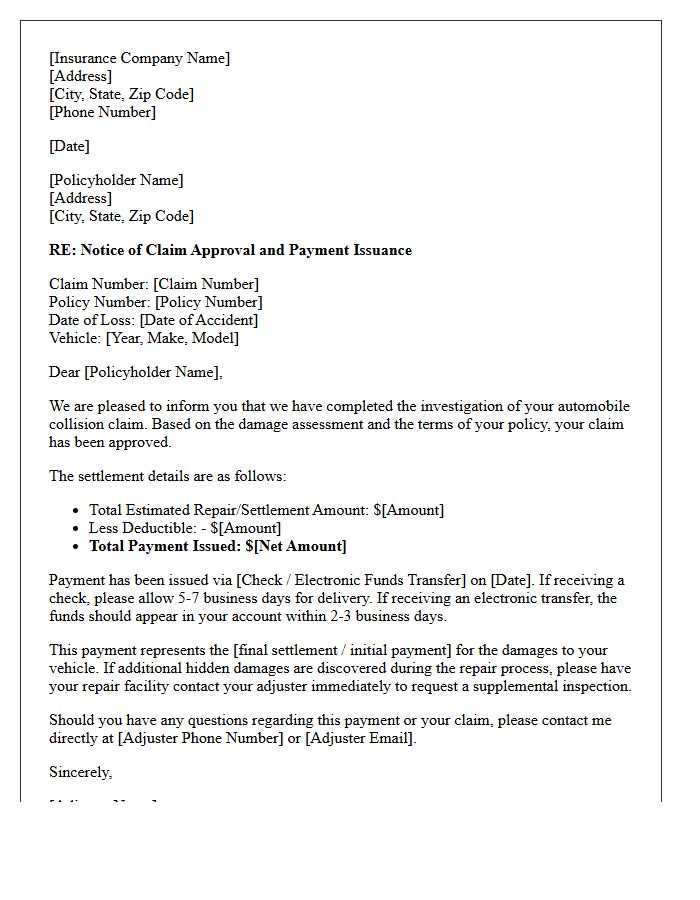 Automobile Collision Claim Approval And Payment Issuance Letter