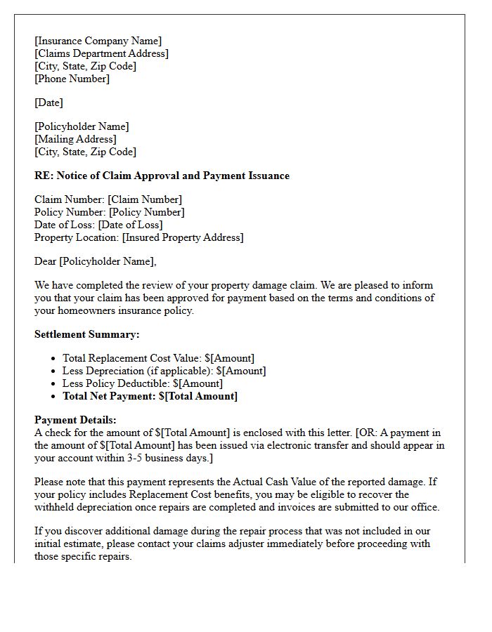 Homeowners Property Claim Approval And Payment Issuance Letter
