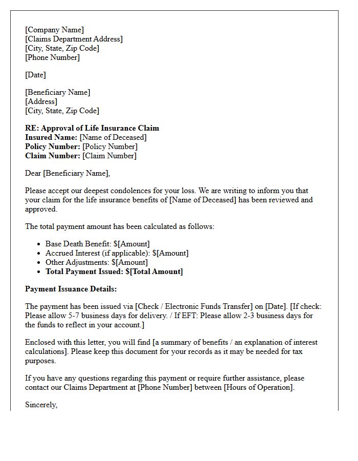 Life Insurance Benefit Approval And Payment Issuance Letter