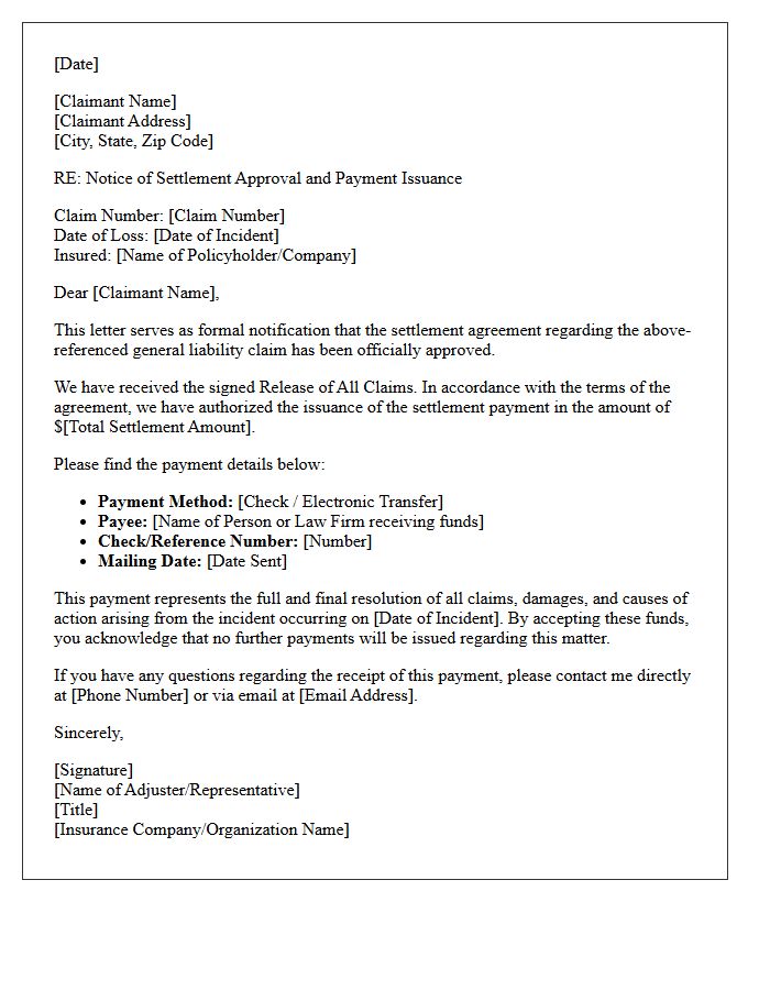 General Liability Settlement Approval And Payment Issuance Letter