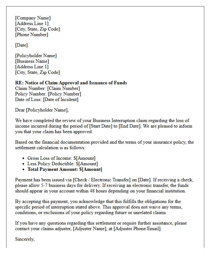 Business Interruption Claim Approval And Funds Issuance Letter