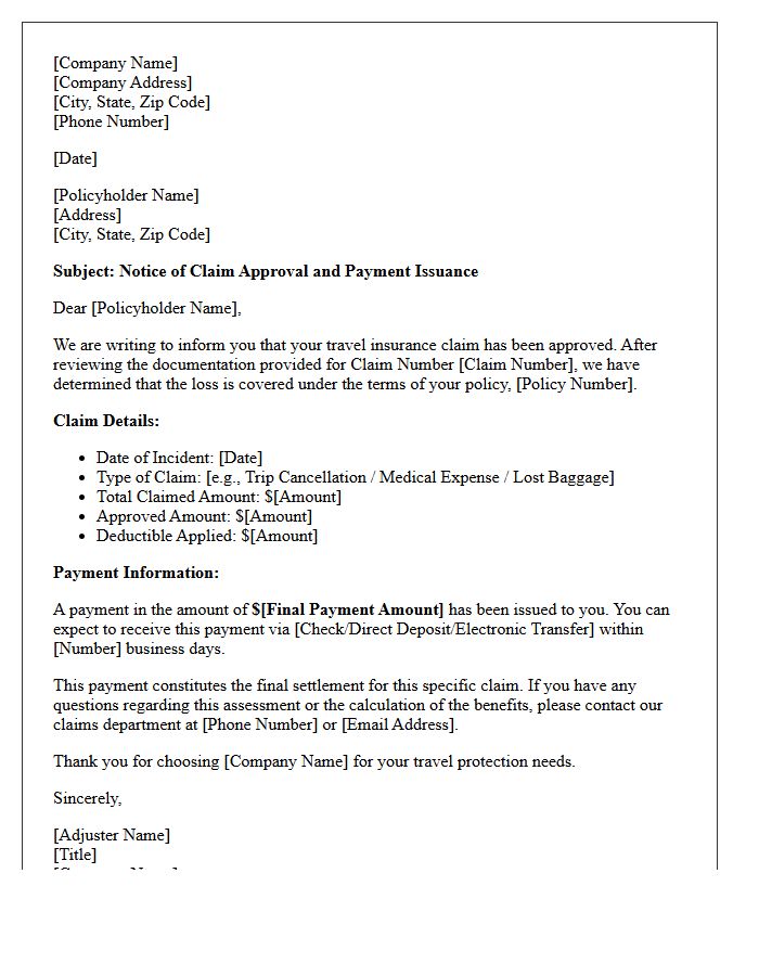 Travel Insurance Claim Approval And Payment Issuance Letter