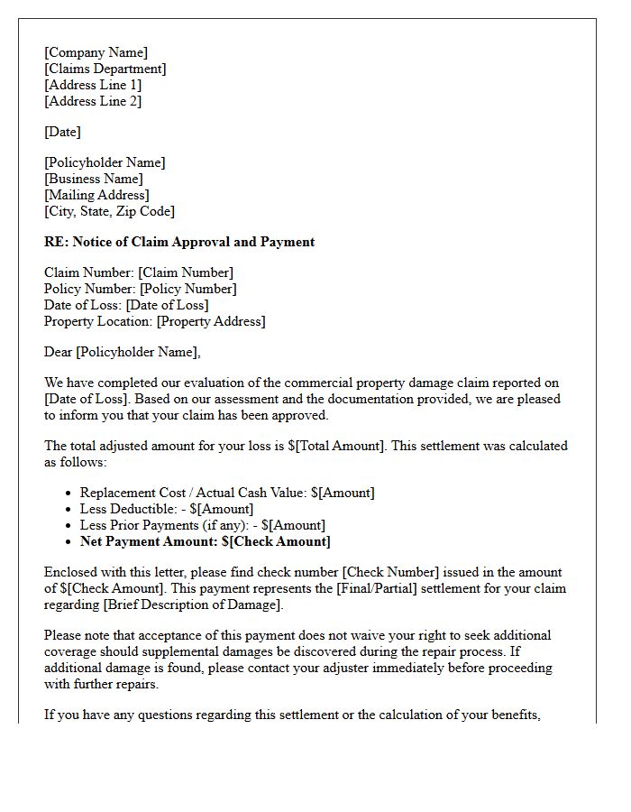 Commercial Property Claim Approval And Check Issuance Letter