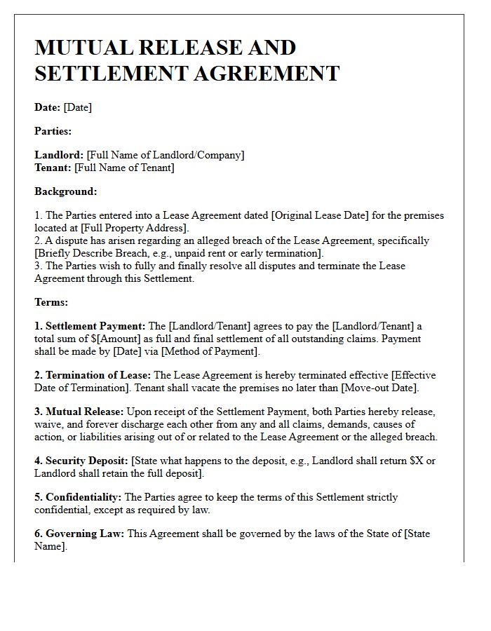 Mutual Release and Settlement Letter for Breach of Lease Agreement
