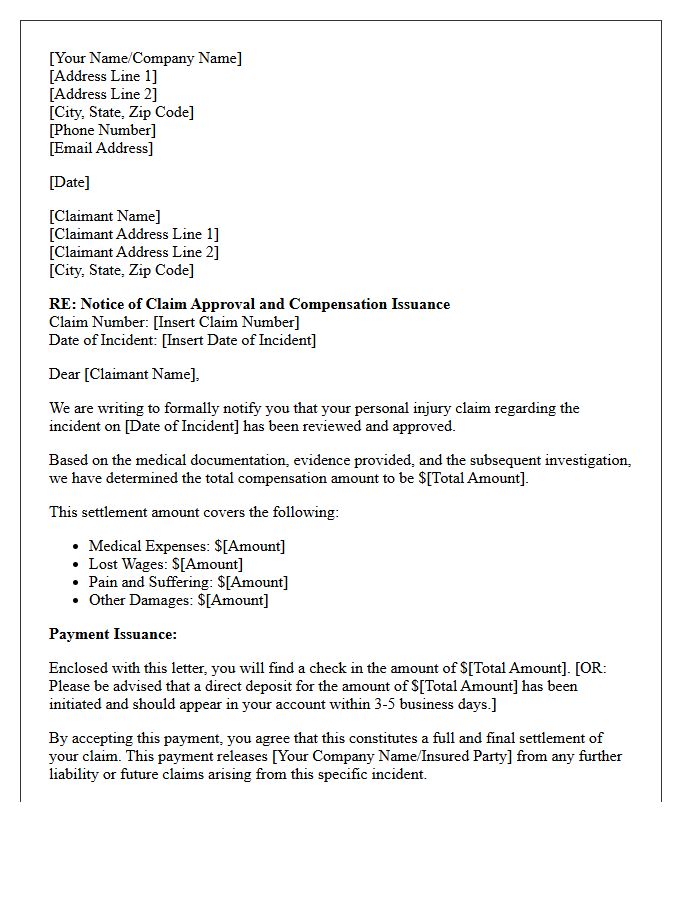 Personal Injury Claim Approval And Compensation Issuance Letter