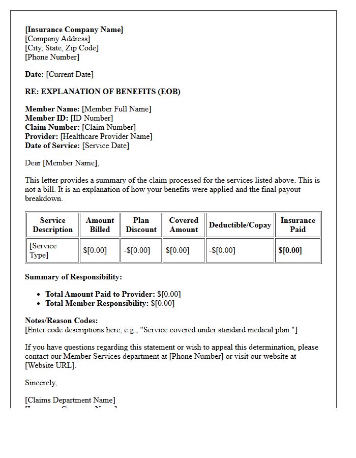 Health Insurance Explanation of Benefits and Payout Breakdown Letter
