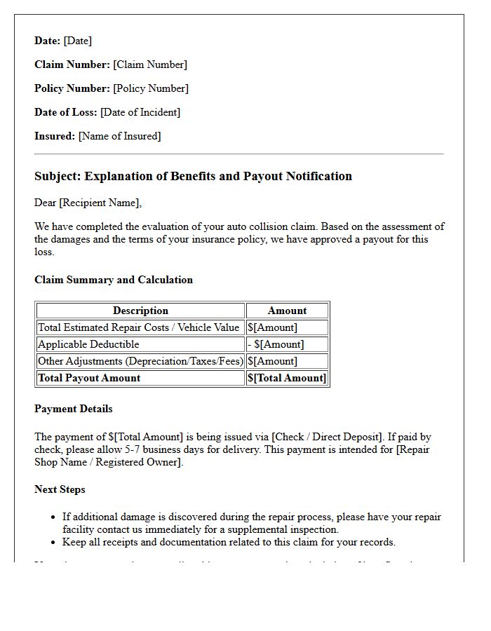 Auto Collision Claim Explanation of Benefits and Payout Letter