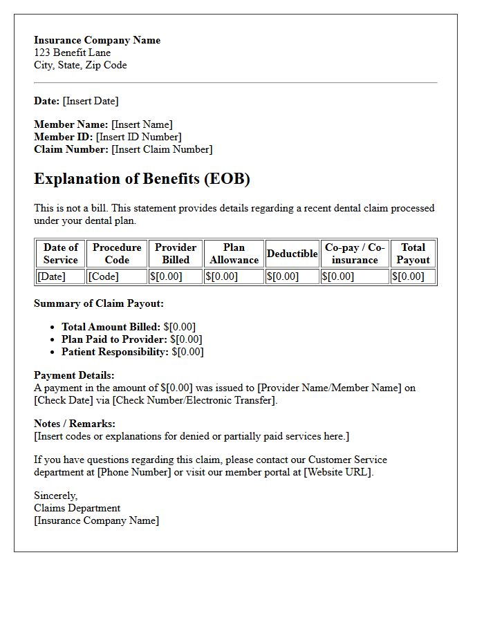 Dental Care Explanation of Benefits and Claim Payout Letter