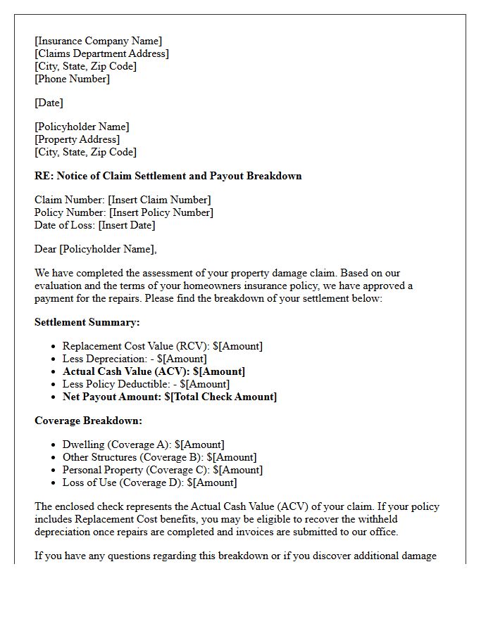 Homeowners Insurance Property Damage Payout Breakdown Letter