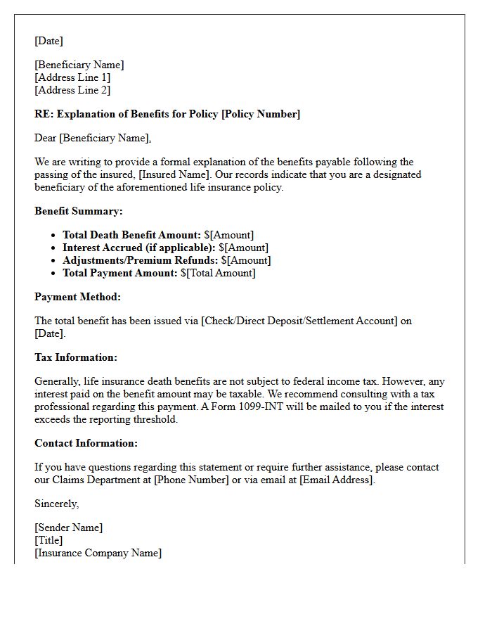 Life Insurance Beneficiary Explanation of Benefits Letter