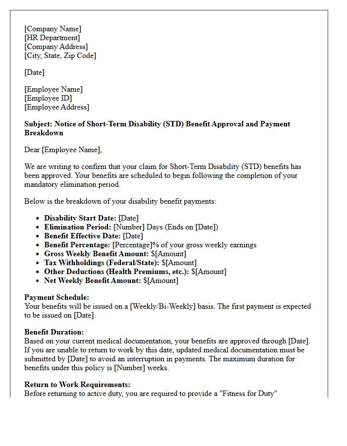 Short Term Disability Payout Breakdown and Benefits Letter