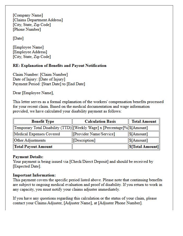 Workers Compensation Explanation of Benefits and Payout Letter
