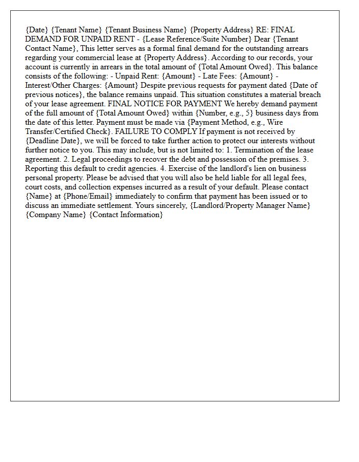Final Demand Settlement Letter for Commercial Lease Arrears