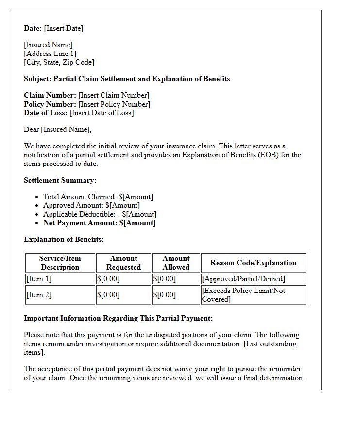 Partial Claim Settlement and Explanation of Benefits Letter
