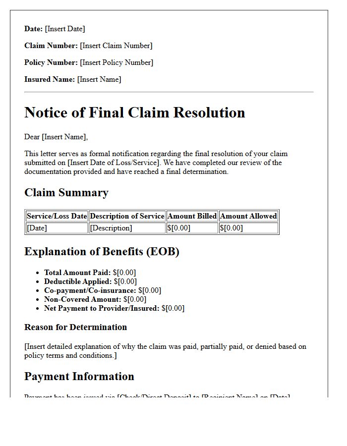 Final Claim Resolution and Explanation of Benefits Letter