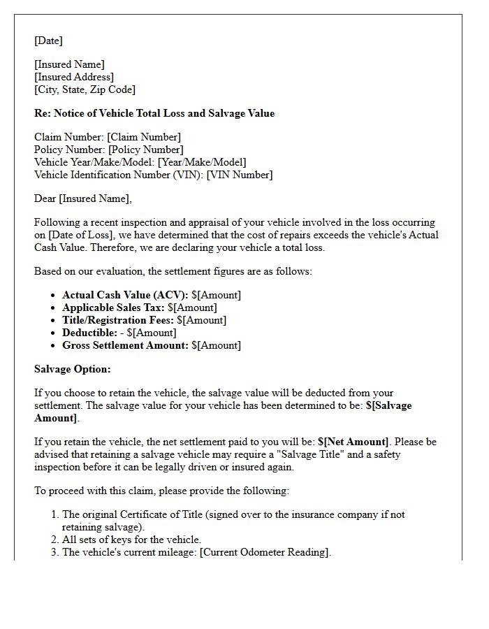 Notice of Vehicle Total Loss and Salvage Value Letter