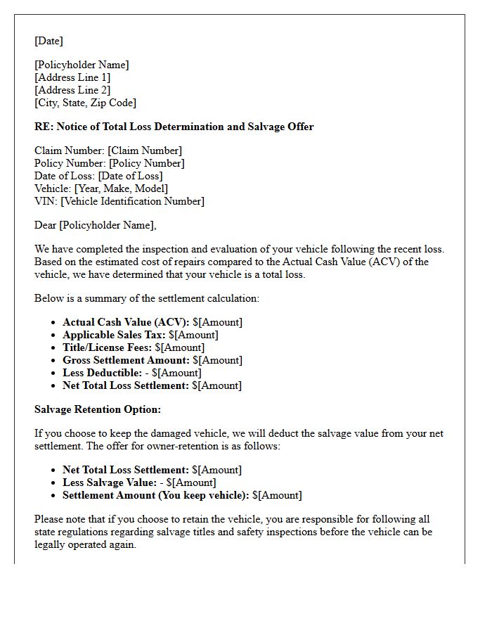 Total Loss Determination and Salvage Value Offer Letter