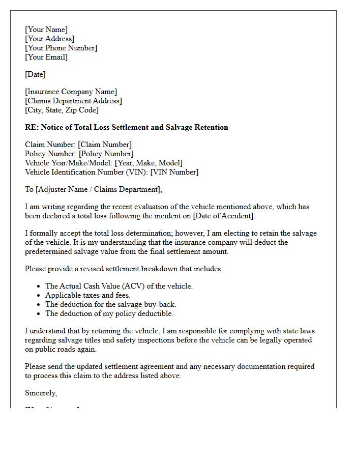 Vehicle Total Loss Declaration and Salvage Retention Letter