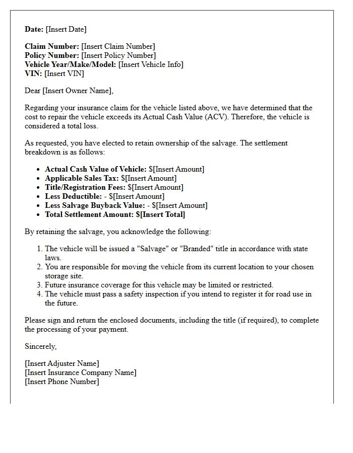 Owner Retained Salvage Total Loss Settlement Letter