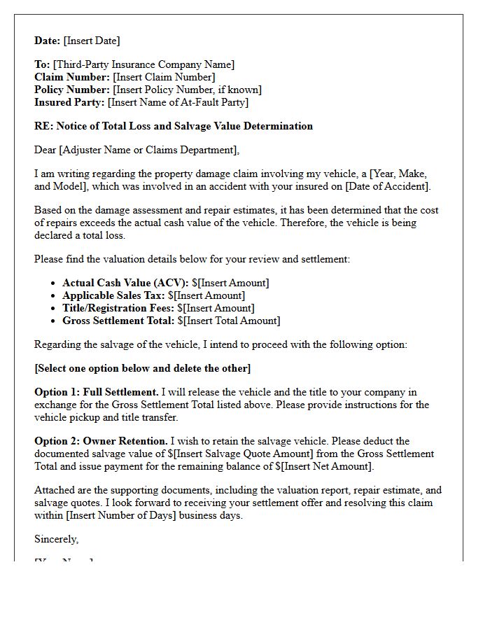 Third-Party Total Loss and Salvage Value Notice Letter