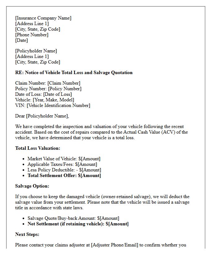 Initial Notice of Vehicle Total Loss and Salvage Quotation Letter