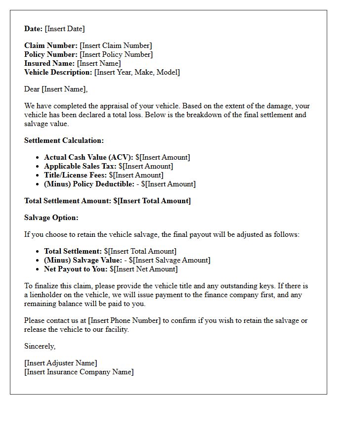 Final Salvage Value and Total Loss Payout Letter