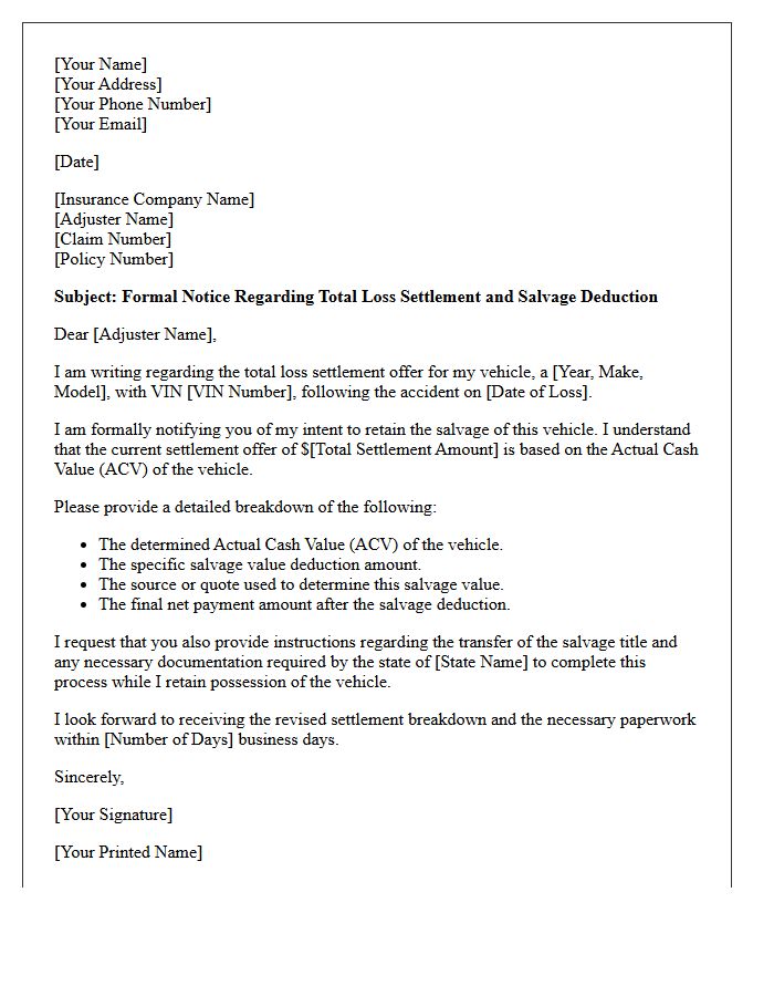 Motor Vehicle Total Loss and Salvage Deduction Letter