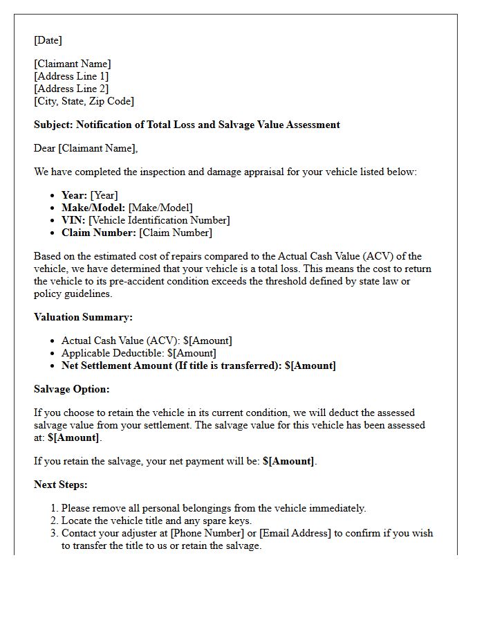 Salvage Value Assessment and Total Loss Notification Letter